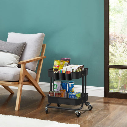 2-Tier Utility Rolling Cart Storage Sofa Side Table with Wheels, Mobile Trolley Organizer with for Office Home Kitchen Organization, Cream White