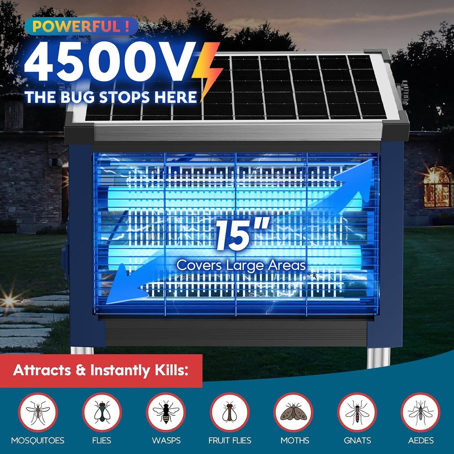 Solar Bug Zapper Outdoor, PhatroyYee Mosquito Zapper 4500V, Waterproof Portable Fly Zapper, Rechargeable Electric Mosquito Killer, Cordless Fly Insect Mosquitos Trap for Patio Yard Home Garden Camping
