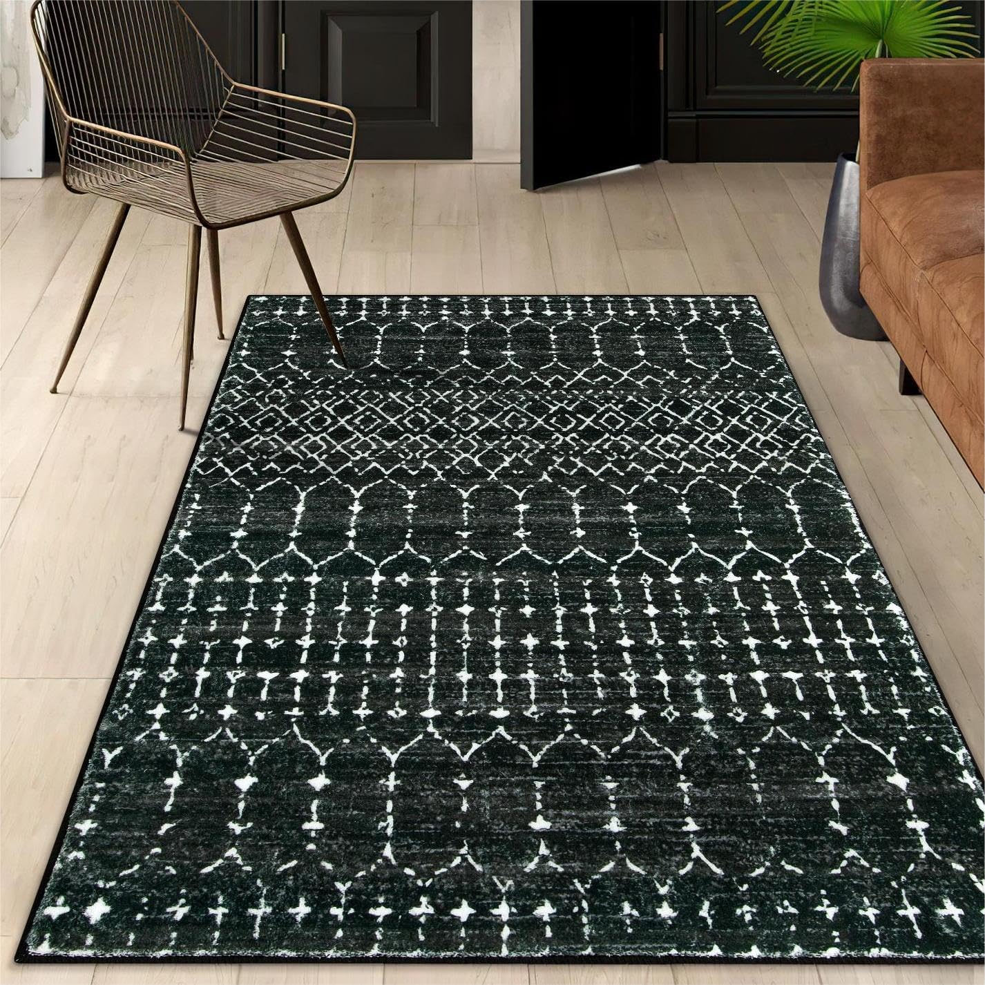 Lahome Moroccan Entry Rug 2x3, Non-Slip Washable Front Indoor Door Mat Rubber Backing Low-Profile Door Rugs, Small Geometric Print Distressed for Entryway Bathroom Kitchen, Black Hana