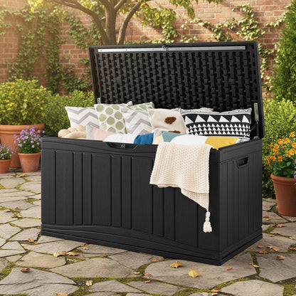 Tangkula 25 Gallon Waterproof Outdoor Storage Box with Lockable Lid | PP Resin, Wicker Patterned, Indoor Outdoor Use, Portable, Versatility, for Deck, Pool, Patio Cushions, Garden Tools