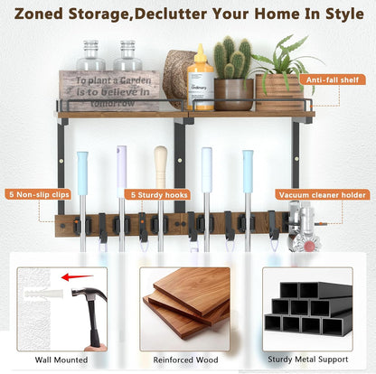 Mop Holder Wall Mount with Cleaning Supplies Organizer, Wood Mop and Broom Hanger Rack Organizer with Anti-Fall Wall Shelf with 5 Clips & Hooks for Garage Laundry Room Kitchen (Brown)