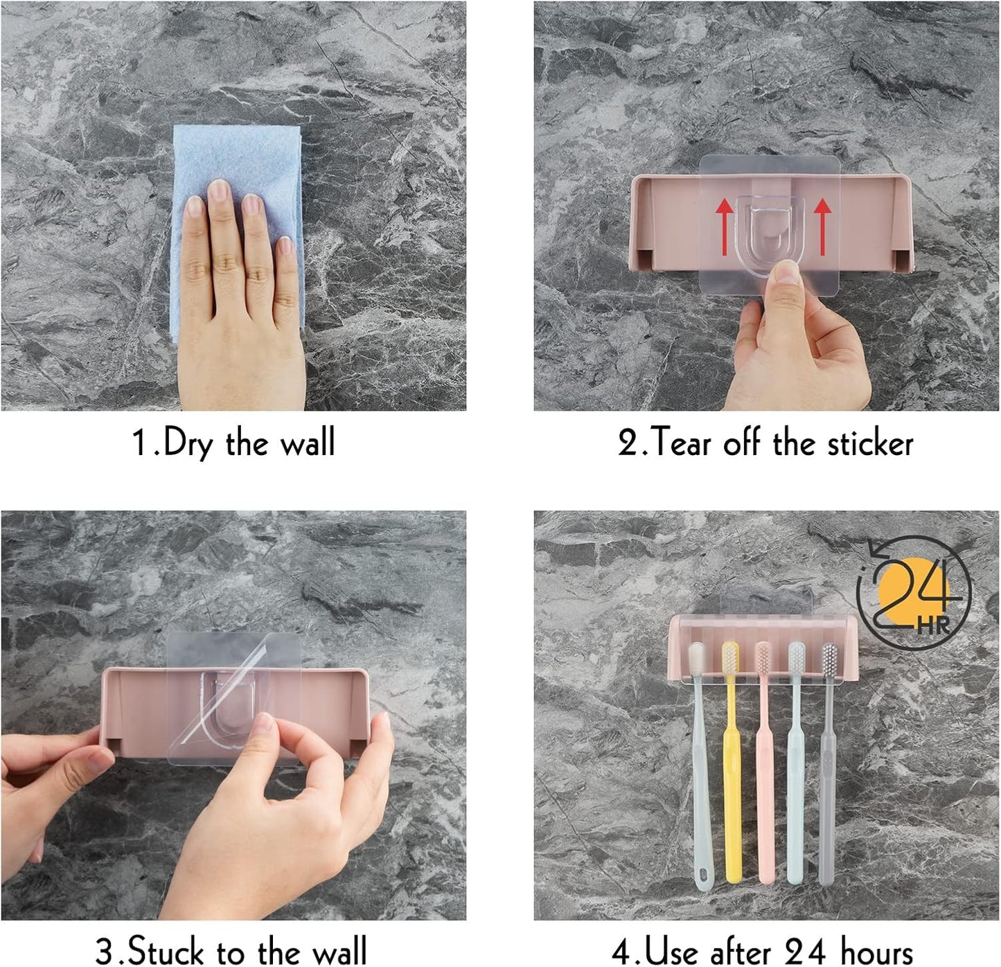 5 Slots Wall Mount Toothbrush Holder with Cover, Self Adhesive Toothbrush Storage Organizer for Shower, Toothbrush Hanger with Automatic Toothpaste Squeezer Dispenser