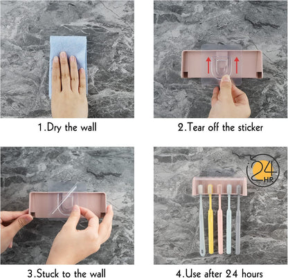 5 Slots Wall Mount Toothbrush Holder with Cover, Self Adhesive Toothbrush Storage Organizer for Shower, Toothbrush Hanger with Automatic Toothpaste Squeezer Dispenser