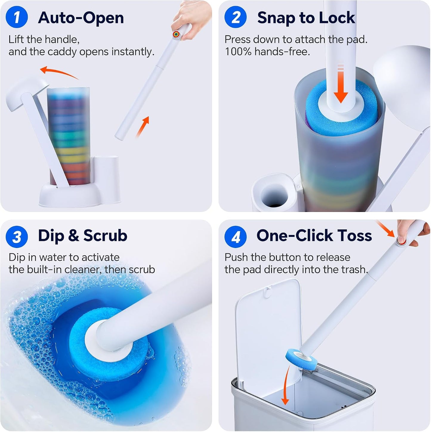 Disposable Toilet Brush and Holder Set - Hands-Free Eject Sponge Toilet Wand with Floor Standing Caddy, Secure-Lock Hangable Toilet Scrubber
