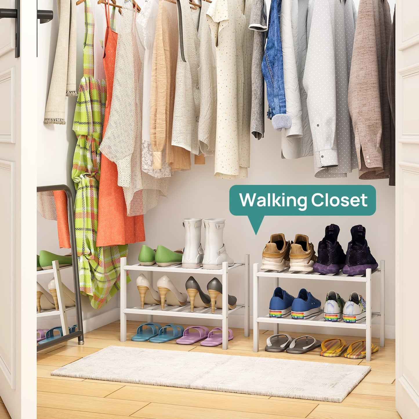 viewcare 3-Tier Black Bamboo Shoe Rack for Entryway, Stackable | Foldable | Natural, Shoe Shelf Storage Organizer for Hallway Closet, Free Standing Shoe Racks for Indoor Outdoor
