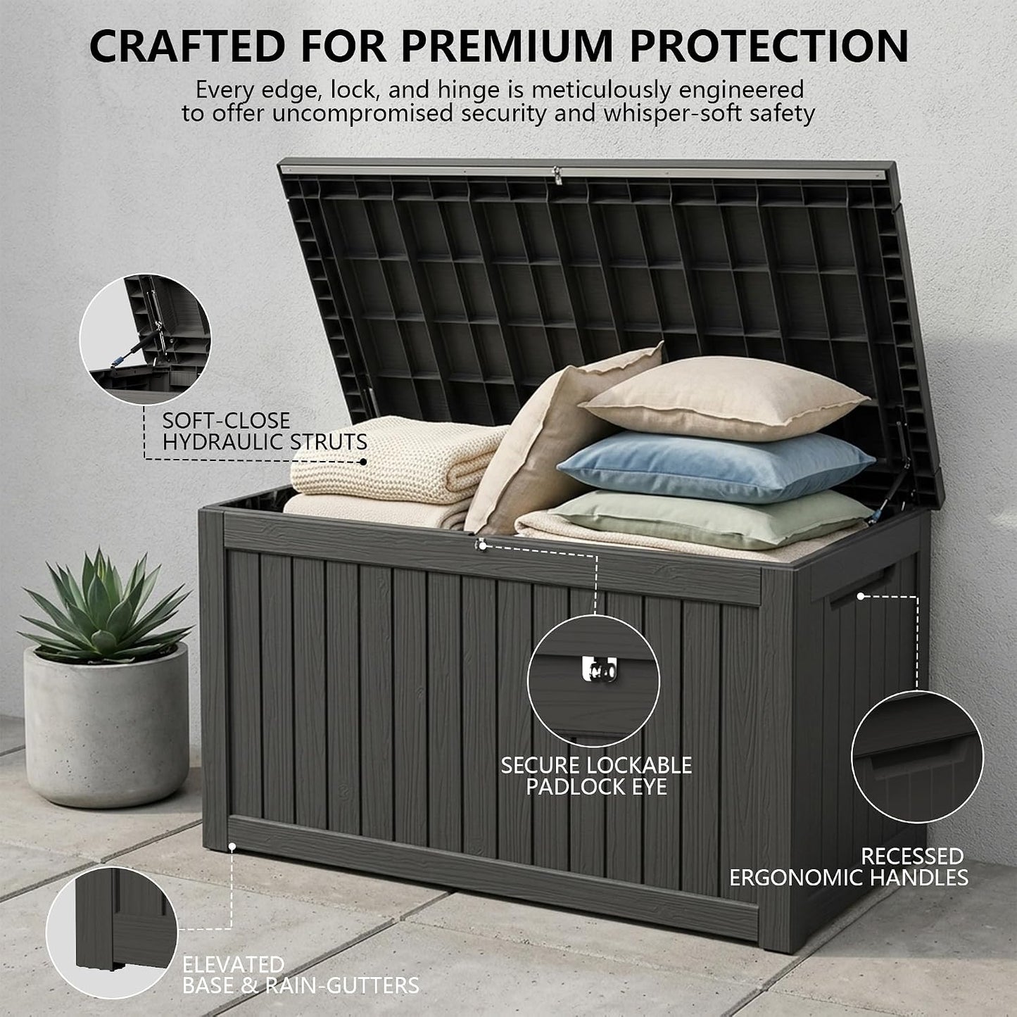 Outdoor Storage Box, 320 Gallon Waterproof Deck Box [Upgraded 3.0], Dual Gas-Spring Ultimate Resin Organizer for King Cushions, Heavy-Duty Lockable Estate Storage Bench, Backyard BBQ, Black