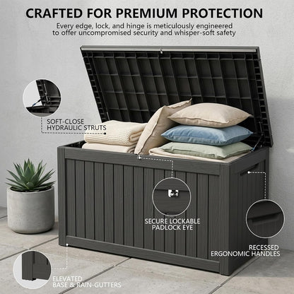 Outdoor Storage Box, 320 Gallon Waterproof Deck Box [Upgraded 3.0], Dual Gas-Spring Ultimate Resin Organizer for King Cushions, Heavy-Duty Lockable Estate Storage Bench, Backyard BBQ, Black
