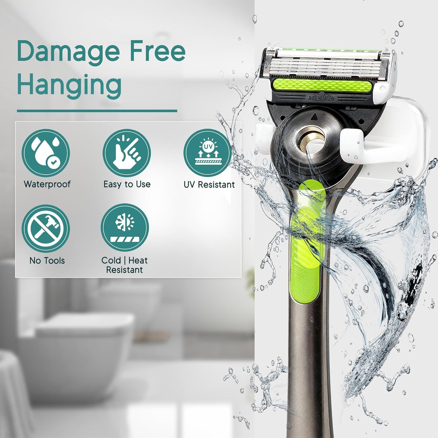 Hook LAB Strong Adhesive Shower Razor Holder, 2-Pack Waterproof Wall Hooks for Bathroom, Reusable & Removable No-Drill Hook for Razors, Towels & Accessories – Works on Tile, Glass & Metal - Black