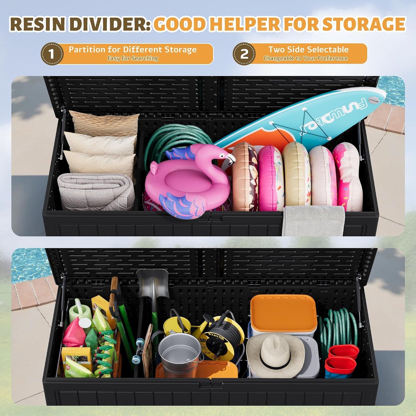 Flamaker Resin Deck Box 120 Gallon Waterproof Large Outdoor Indoor Storage Box Imitation Wood Resin for Patio Furniture Garden Tools and Pool (Black)