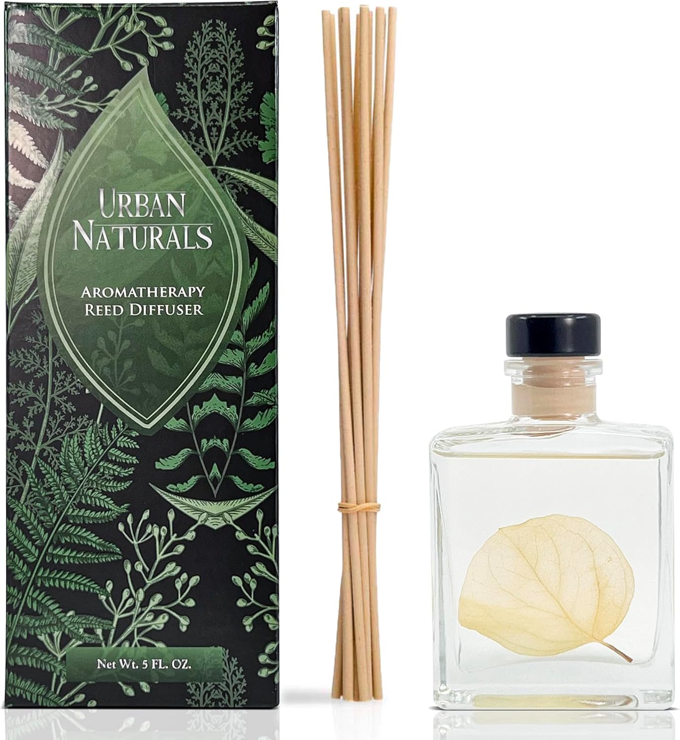 Urban Naturals Smoked Vanilla Reed Diffuser Set with Vanilla Bean, Sandalwood & Leather – 5 Ounce Sleek Black Rectangular Refillable Glass Bottle – Made in the USA
