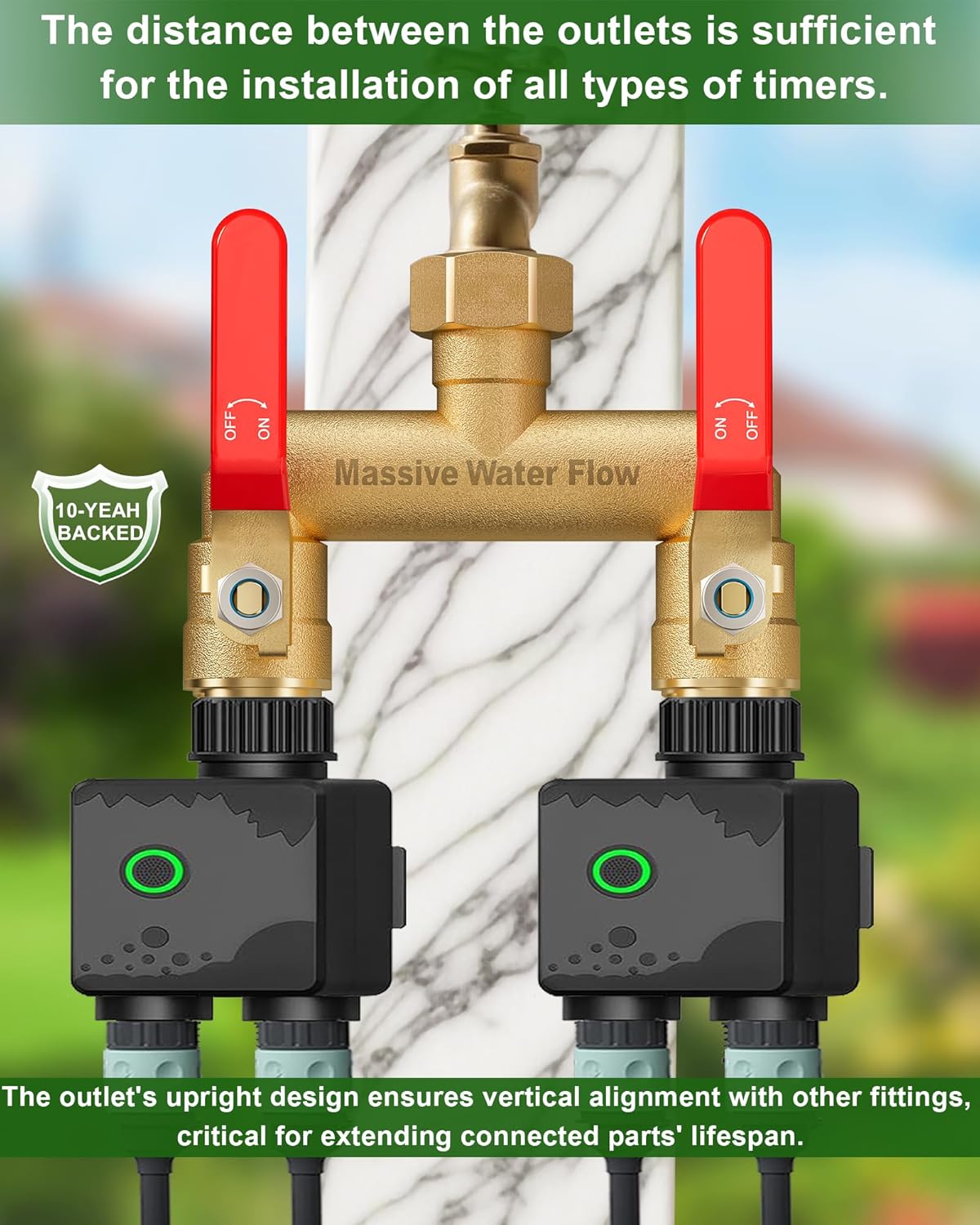 Hose Splitter 2 Way Heavy Duty, Full Flow Garden Hose Splitter with 2 Long Metal Handles, Brass Rust and Freeze Resistant Water Hose Bib Splitter, T Adapter Connector with 3/4 - Inch GHT Thread（Red）