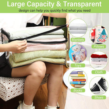 Windyun 16 Pack Clear Storage Bags with Zipper and Handle for Clothes Heavy Duty Plastic Blanket Clothes Moving Bags Cloth Bins for Blanket Comforter Clothing Toys (Grey Edge)