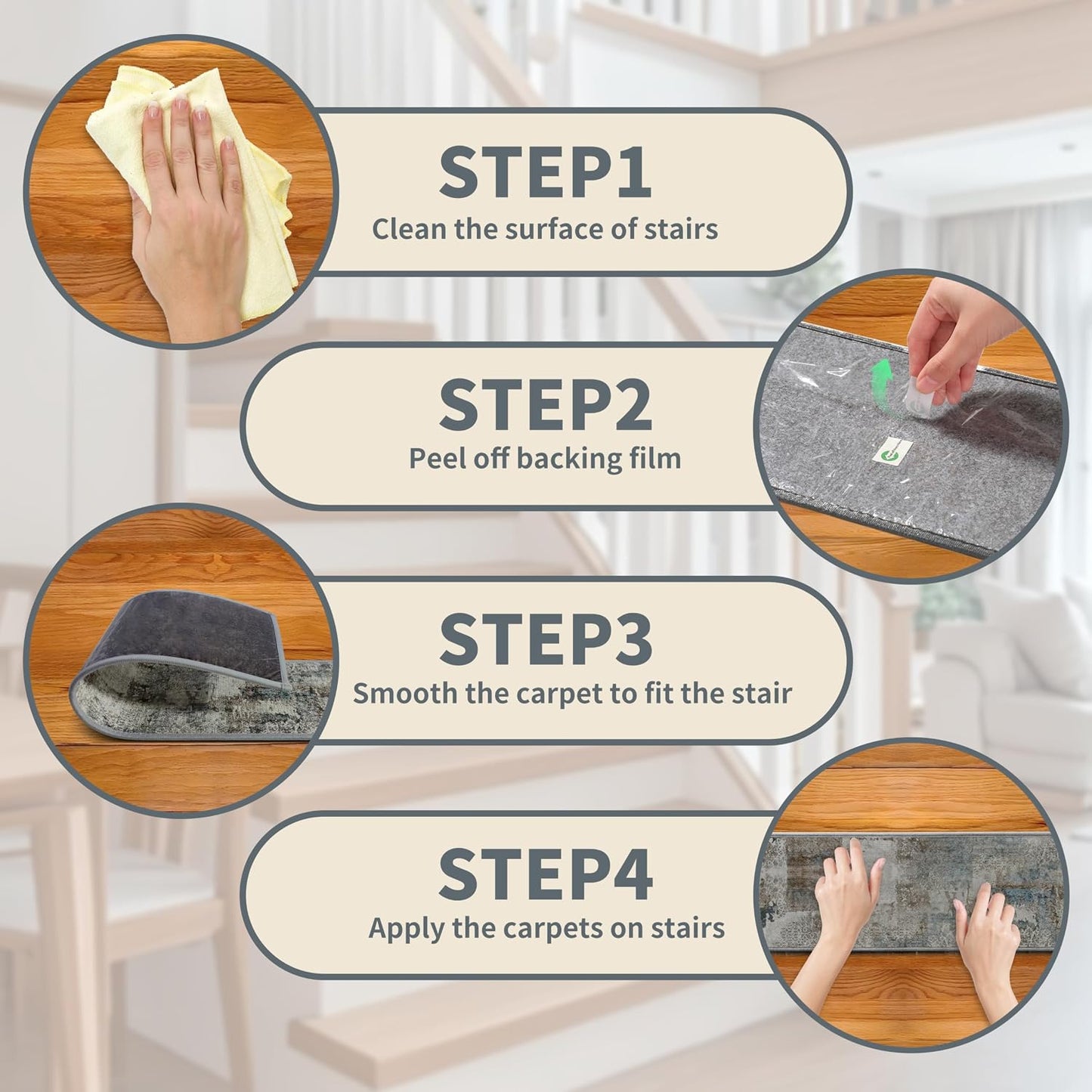 Non-Slip Carpet Stair Treads 15PCS, 8"x30" Peel and Stick Stair Runner for Wooden Steps Indoor, Washable Reusable Adhesive Backing, Pet-Friendly Safety Mats for Kids, Elders, Dogs