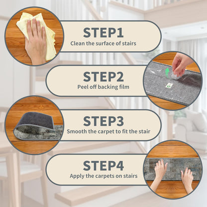 Non-Slip Carpet Stair Treads 15PCS, 8"x30" Peel and Stick Stair Runner for Wooden Steps Indoor, Washable Reusable Adhesive Backing, Pet-Friendly Safety Mats for Kids, Elders, Dogs