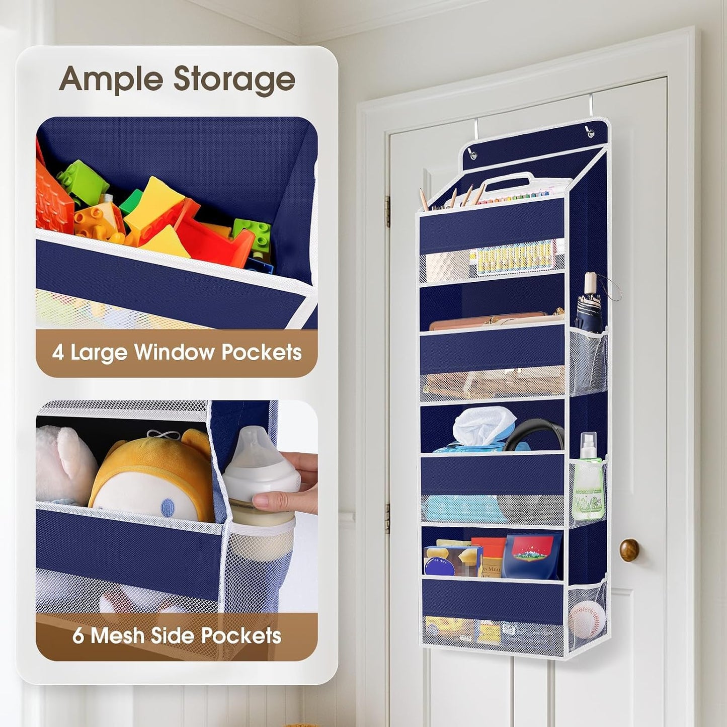 SpaceHacks 1 Pack Over The Door Organizer, Hanging Storage Organizer with Clear Window, 40lb Ultra Sturdy Large Capacity Room Organizer for Pantry Laundry Bathroom Nursery Closet Baby Essential (Grey)