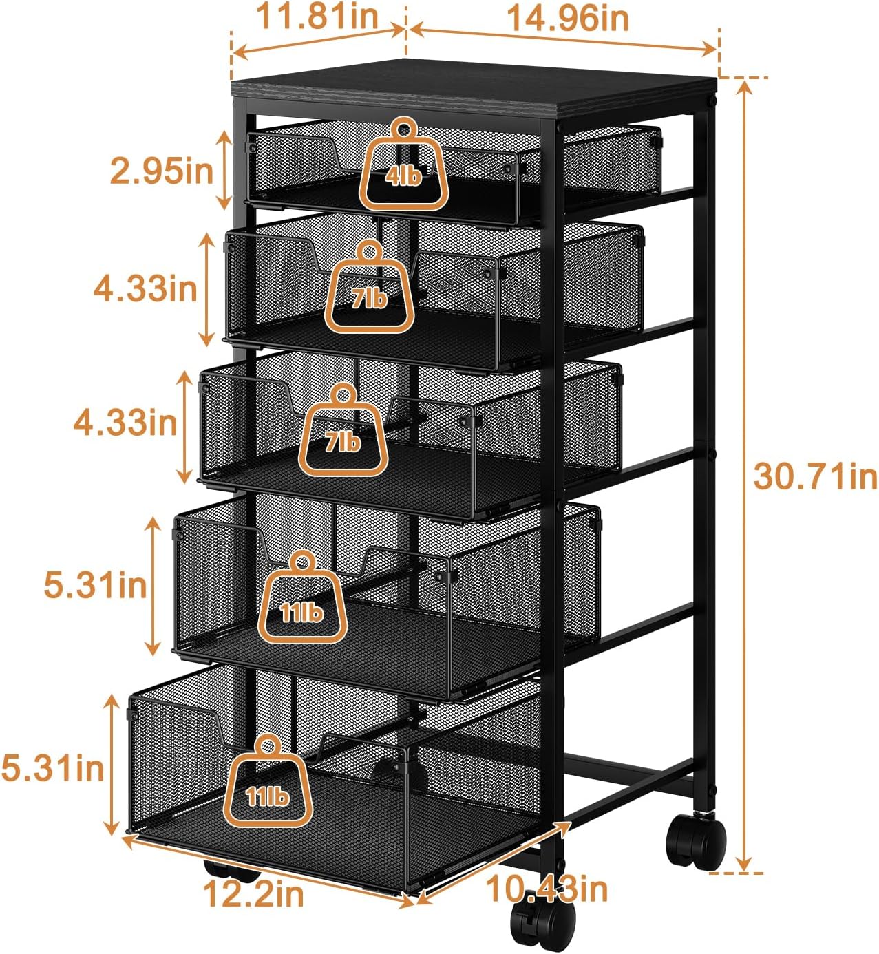 4 Tier Kitchen Rolling Cart, Kitchen Storage Cart with Wheels, Adjust Pantry Organizer and Storage Cart with Drawer, Fruit Vegetable Spice Storage Cart, Wooden Top Metal Kitchen Organizer Rack Stand