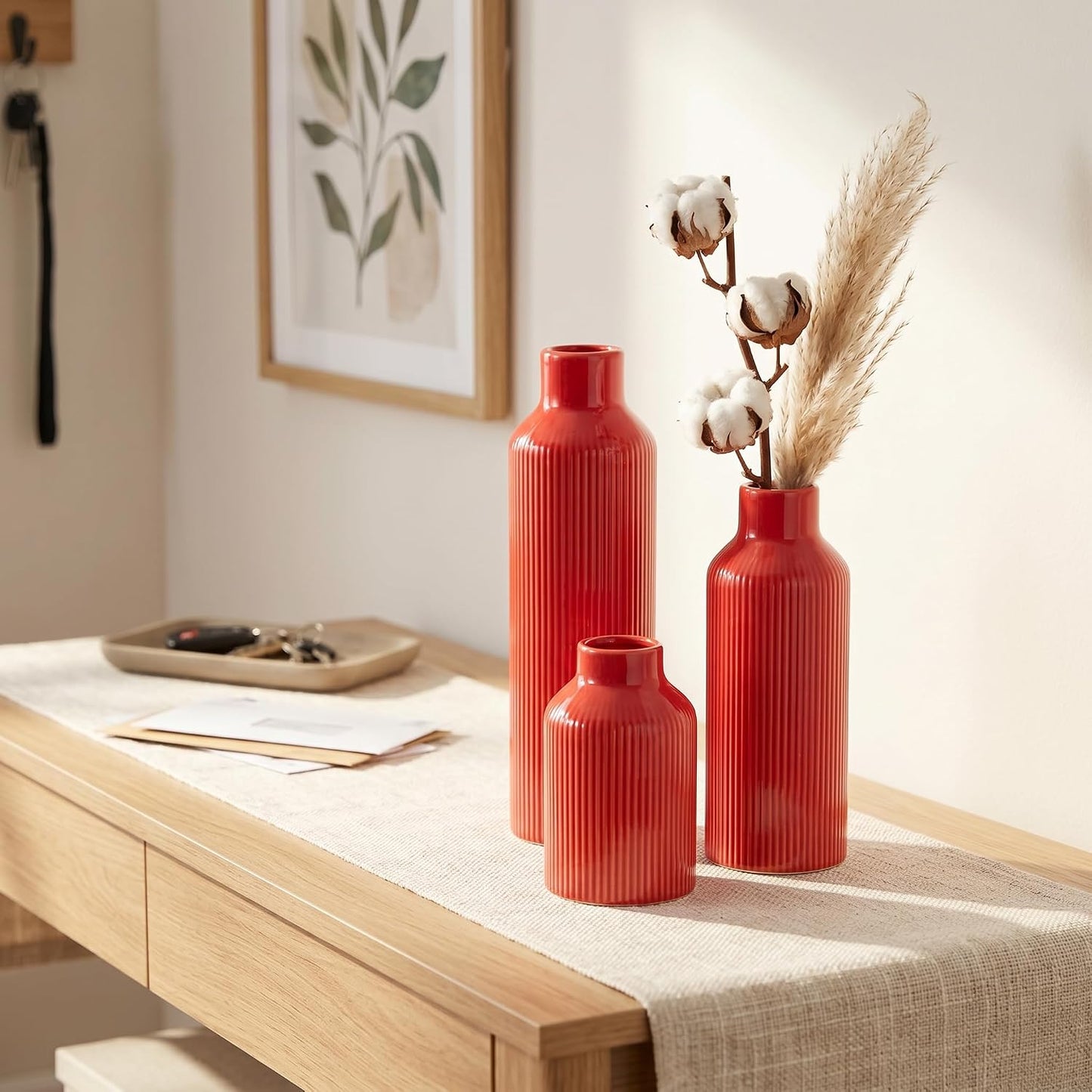 Brown Ceramic Vase Set of 3 - Rustic Farmhouse Vases for Centerpieces Small Modern Decorative Vase for Flower Kitchen Bathroom Bedroom Living Room Shelf Home Decor