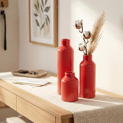 Brown Ceramic Vase Set of 3 - Rustic Farmhouse Vases for Centerpieces Small Modern Decorative Vase for Flower Kitchen Bathroom Bedroom Living Room Shelf Home Decor