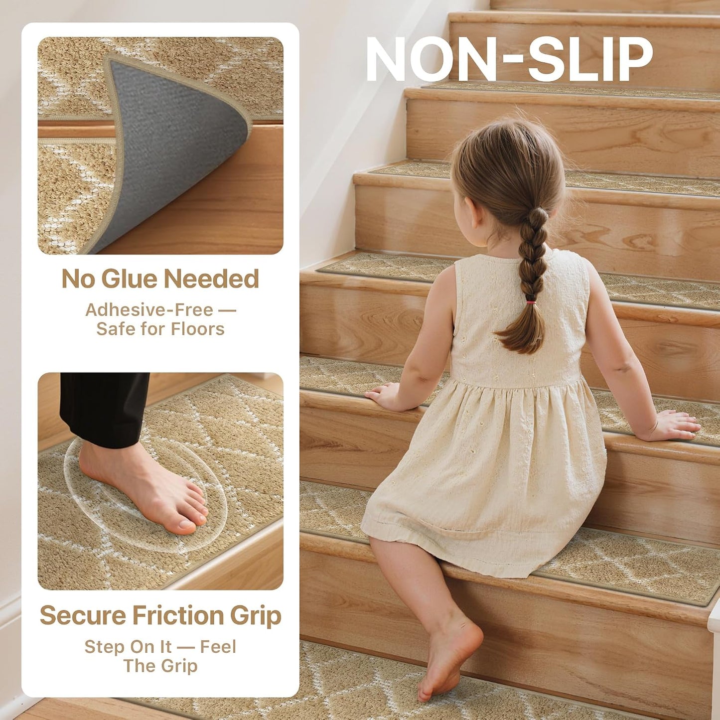 sarben Non Slip Stair Treads for Wooden Steps 15PCS - 8"x30" Indoor Safety Carpet, Edging Mats with TPE Adhesive Backing, Pet and Elderly Friendly Stair Rugs (Taupe) - Colors B