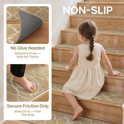 sarben Non Slip Stair Treads for Wooden Steps 15PCS - 8"x30" Indoor Safety Carpet, Edging Mats with TPE Adhesive Backing, Pet and Elderly Friendly Stair Rugs (Taupe) - Colors B