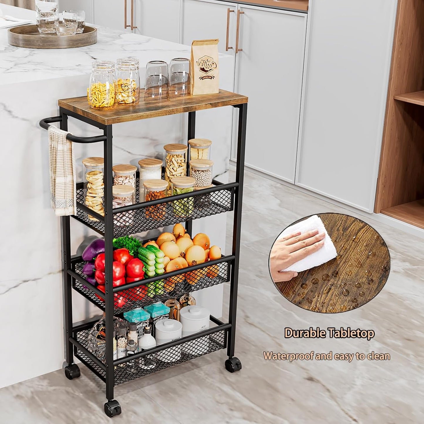 AZERPIAN Slim Rolling Cart 4 Tier Narrow Storage Cart on Wheels with MDF Board Top and Metal Handle for Small Space Kitchen Living Room Home Office Pantry Bathroom Laundry Room(16.54×5.12×30.31 inch)