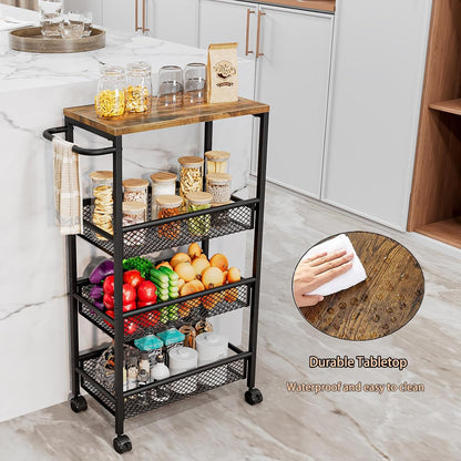 AZERPIAN Slim Rolling Cart 4 Tier Narrow Storage Cart on Wheels with MDF Board Top and Metal Handle for Small Space Kitchen Living Room Home Office Pantry Bathroom Laundry Room(16.54×5.12×30.31 inch)