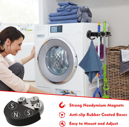 MUTUACTOR Heavy Duty Magnetic Broom Holder,Anti-slip Magnetic Tool Rack with Top Utility Shelf, Easy Assembly Broom Mop Organizer for Refrigerator Metal Cabinet Laundry Room Kitchen,3-Clamps 4-Hooks