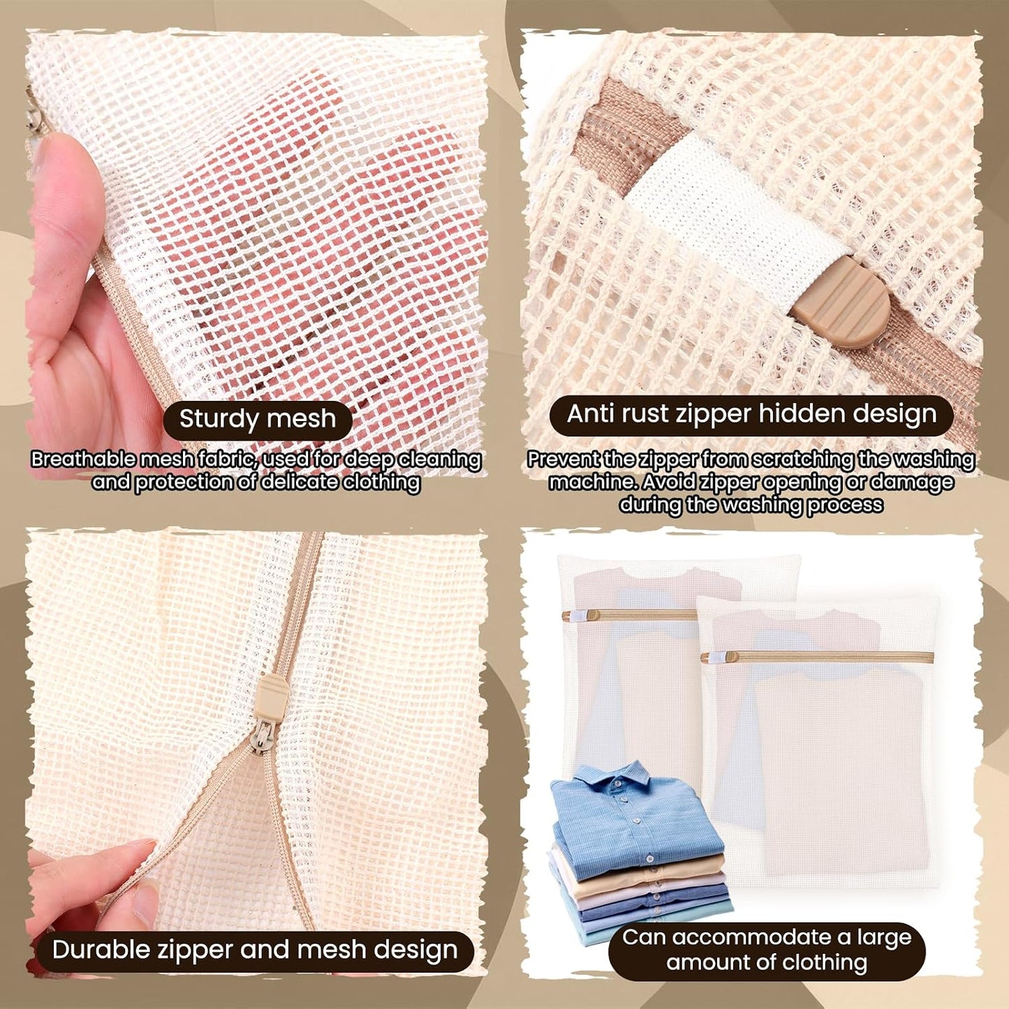 6 Pieces Large Durable Organic Cotton Mesh Laundry Bags, Durable Cotton Mesh Laundry Bag with Sturdy Zipper, Exquisite Laundry Bag for Lingerie, Socks, Clothes, Pants, Underwear, Breathable
