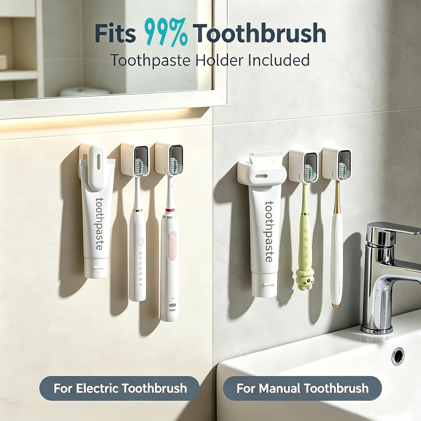 2PCS Toothbrush Holder Wall Mounted for Bathroom with Cover for Shower - with Toothpaste Clip - Single Slot Toothbrush Dispenser Storage Organizer for Travel with Detachable Design