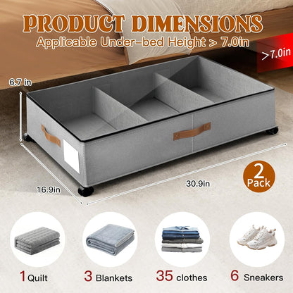 Under Bed Storage with Wheels, Rolling Under Bed Storage Containers with Clear Lid and Handles for Clothes, Shoes, Blankets, Pillows, Toys, Books, Bags (60L, 30.9 x 16.9 x 6.7in, Black, 2 Pack)