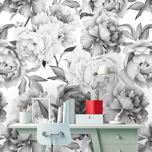 Removable Peel 'n Stick Wallpaper, Self-Adhesive Wall Mural, Watercolor Floral Pattern, Nursery Decor, Custom Color • Peonies Grey 'n White (Sample 12" W x 8" H)