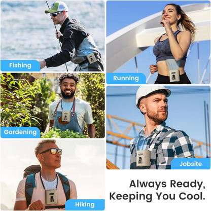KIBEE Portable Waist Fan, 12500RPM Rechargeable Wearable Belt Clip Fan, Hands Free Cooling Fan for Outdoor Work, Construction, Hiking, Camping, Fishing, Long Battery Life Personal Cooling Device