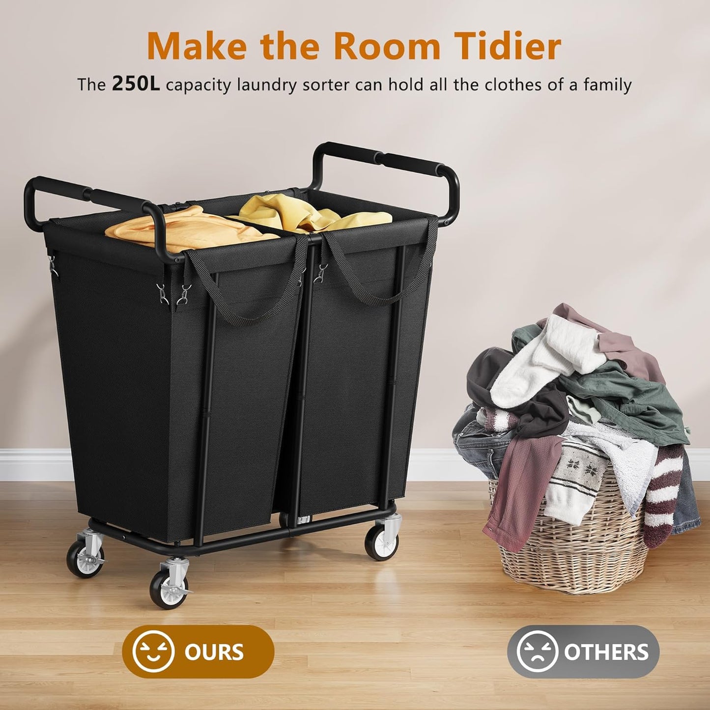 Gewudraw Large laundry hamper with Wheels, 3 Bag Big Rolling Laundry Hamper Sorter Cart, Extra Large Laundry Clothes Hamper, Heavy Duty Laundry Basket Organizer for Laundry Room,Bathroom,Black