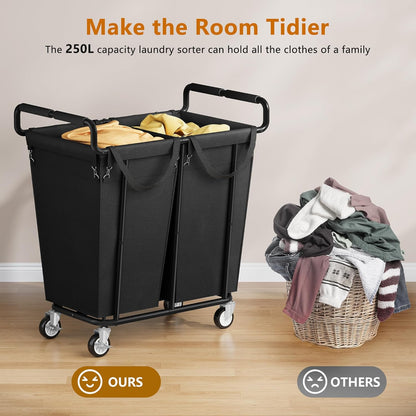 Gewudraw Large laundry hamper with Wheels, 3 Bag Big Rolling Laundry Hamper Sorter Cart, Extra Large Laundry Clothes Hamper, Heavy Duty Laundry Basket Organizer for Laundry Room,Bathroom,Black