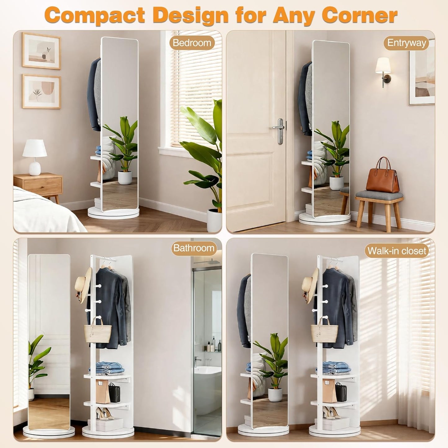 Full Length Mirror with Coat Rack & Storage, 360° Rotating Solid Wood Standing Floor Mirror with Shelves for Bedroom, Entryway, Dressing Room (Natural Wood, 66" x 18")