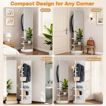 Full Length Mirror with Coat Rack & Storage, 360° Rotating Solid Wood Standing Floor Mirror with Shelves for Bedroom, Entryway, Dressing Room (Natural Wood, 66" x 18")