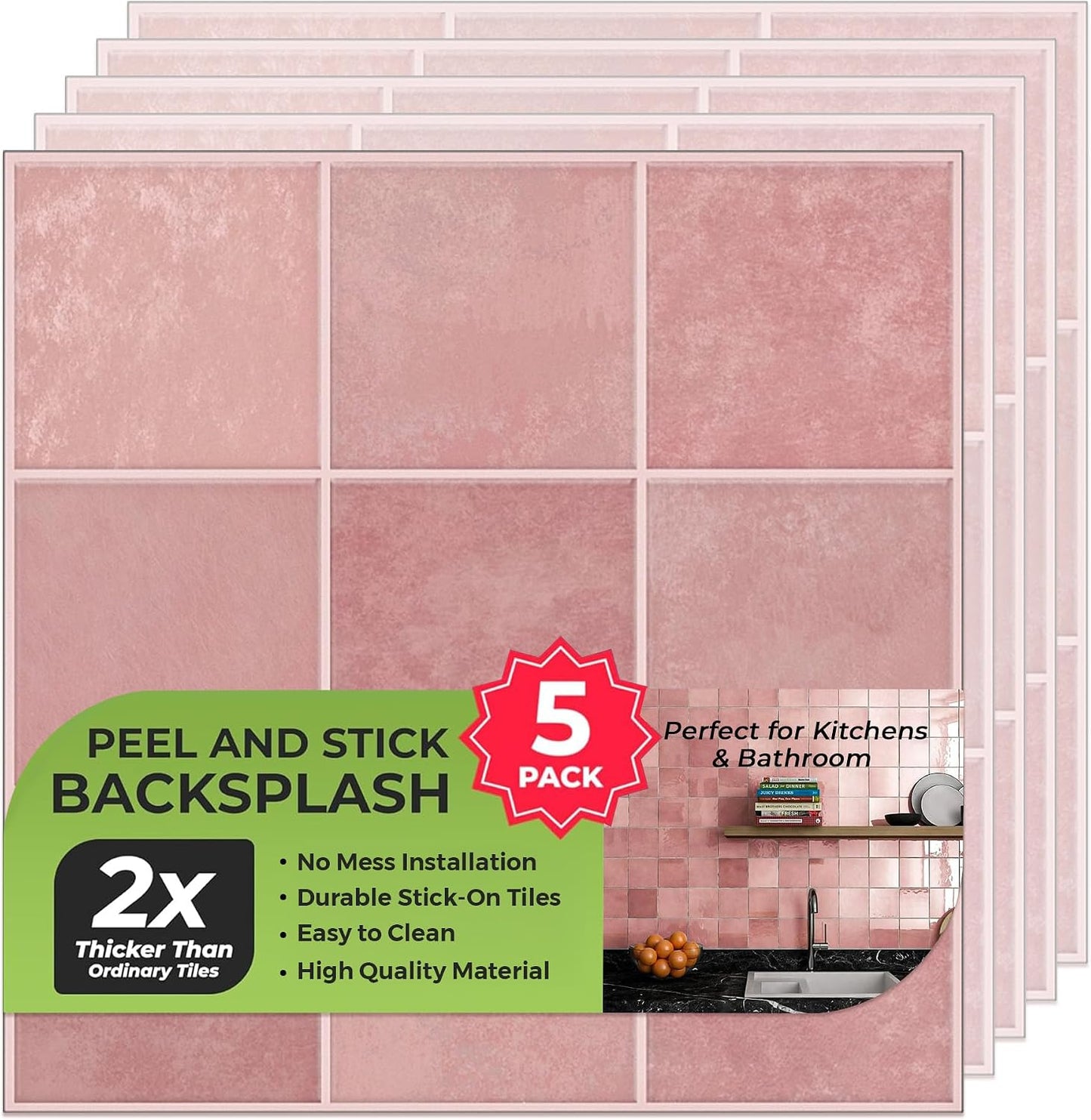 Peel and Stick Subway Backsplash Tiles, 5 Pack, 12 x 12 in, Almond | extra thick 3D wall panels, heat and water resistant wall panels, easy DIY kitchen, bathroom, laundry, fireplace wall décor