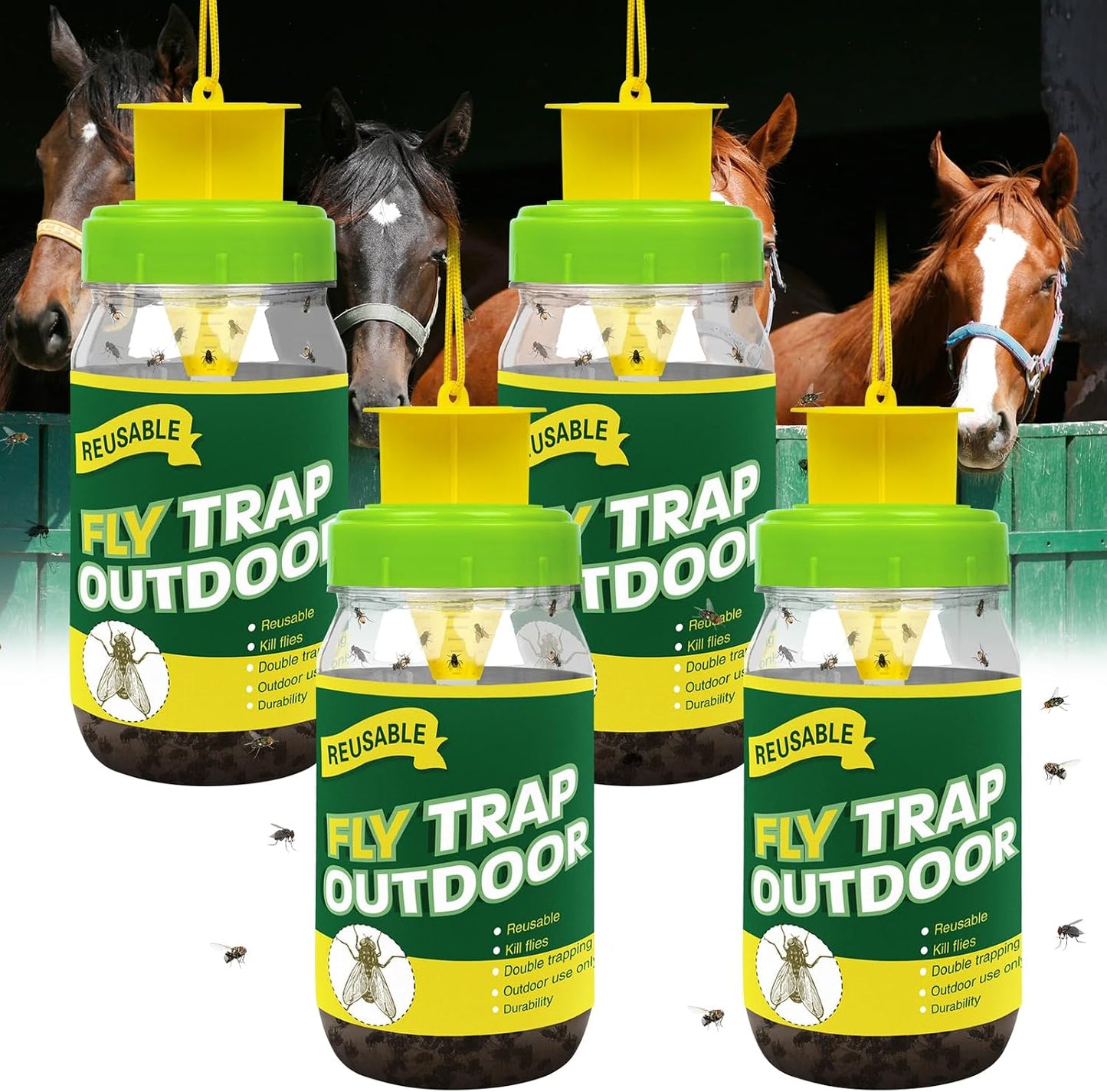 4 Fly Traps Outdoor Fly Trap with 4 Dissolvable Bait Refills, Reusable Hanging Bug Catcher Killer Bottle for Outside Bug Control Patio Yard Ranch Barns Stable, Hanging Rope, Brush Included