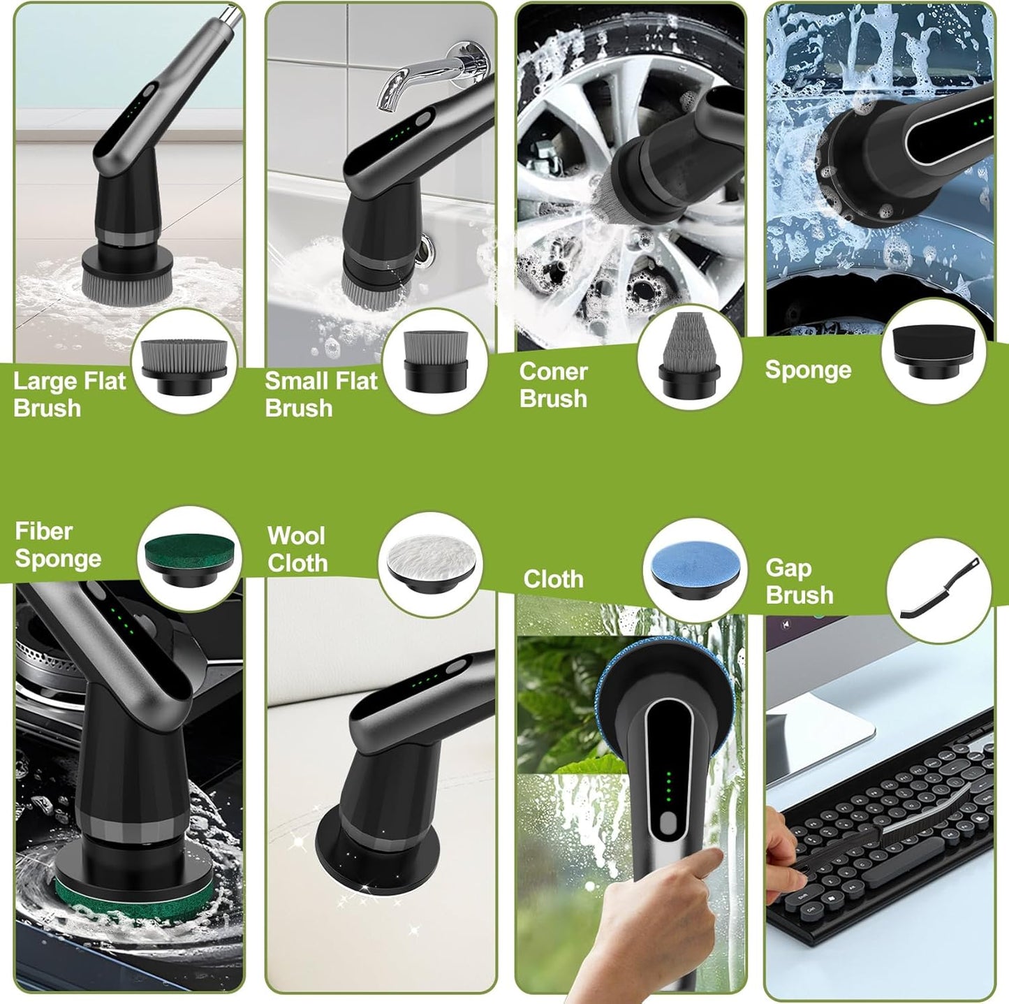 Electric Spin Scrubber, Cordless IPX7 Waterproof, Dual Speed Shower Scrubber with Adjustable Long Handle, 7 Replaceable Brush Heads for Tub and Floor, Bathroom, Kitchen, Window, Car