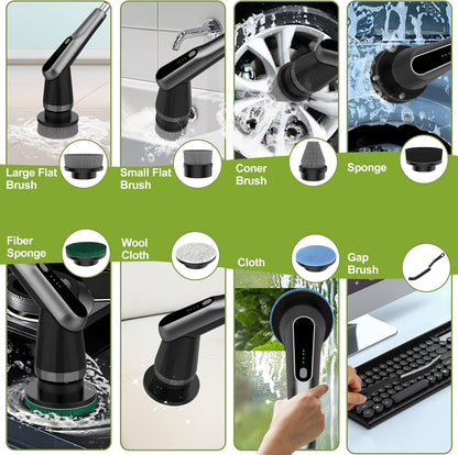 Electric Spin Scrubber, Cordless IPX7 Waterproof, Dual Speed Shower Scrubber with Adjustable Long Handle, 7 Replaceable Brush Heads for Tub and Floor, Bathroom, Kitchen, Window, Car