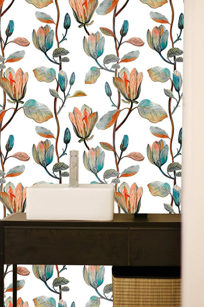 Magnolia Floral Leaf Peel and Stick Wallpaper Vintage Contact Wall Paper Modern Botanical Self Adhesive Vinyl Removable Renter Friendly Leaves Wallpaper 17.7in x 6.6ft