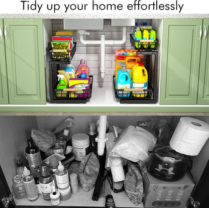 Under Sink Organizer, Pull Out Kitchen Storage Cabinet Organizer, 2-Tier Metal Slide Out Shelf for Bathroom Laundry Kitchen Storage with Drawers, 11.8"W x 15.9"D x 13.8-16.9"H, White, 2 Pack