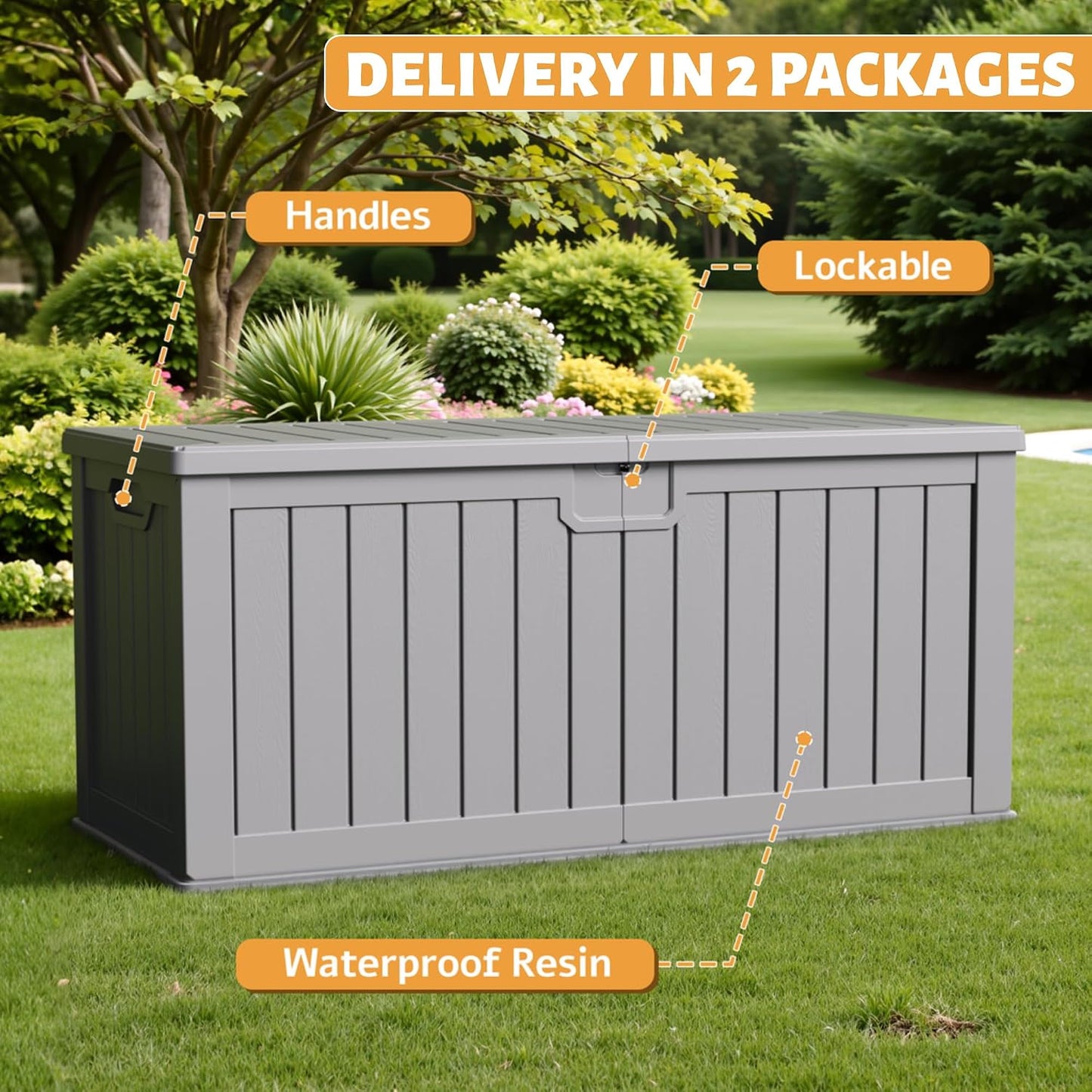 Flamaker Resin Deck Box 120 Gallon Waterproof Large Outdoor Indoor Storage Box Imitation Wood Resin for Patio Furniture Garden Tools and Pool (Black)
