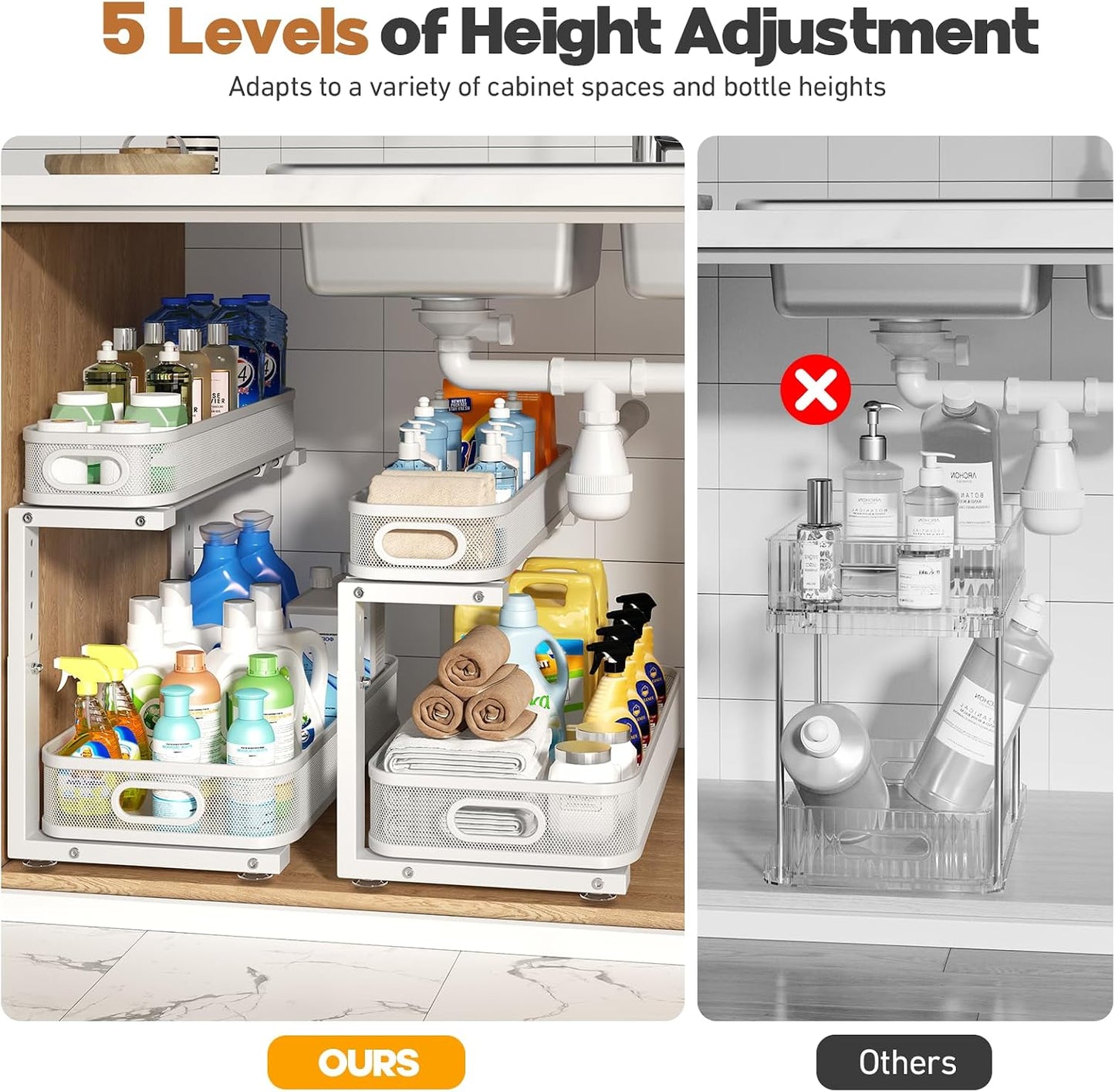 2 Pack Under Sink Organizer With Smooth Cylindrical Rail,2-Tier Pull Out Multi-Purpose Cabinet Storage for Bathroom&Kitchen,Height Adjustable,Rust-resistant Coating-White