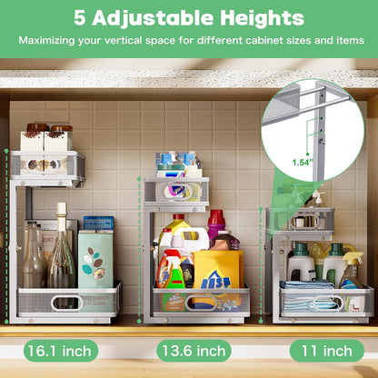 Under Sink Organizer 2 Pack, High Adjustable 2 Tier Under Sink Organizers and Storage, Slide out Metal Cabinet Organizers, Pull out Storage Drawer Shelf for Kitchen Bathroom Cabinet (Black-1pack)