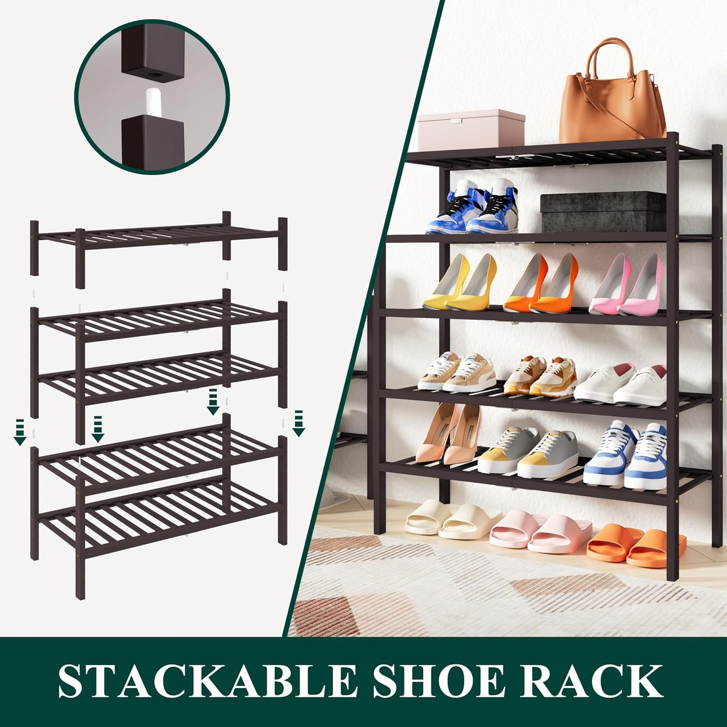 Smiry Bamboo Shoe Rack, 3 Tier Free Standing Wooden Shoe Organizer, Stackable Wood Shoe Storage Shelf for Closet, Entryway, 12 Vertical Slats, 2+1 Stack Standard Legs, 26.8"x11"x19.5", Natural