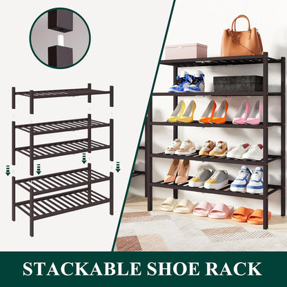 Smiry Bamboo Shoe Rack, 3 Tier Free Standing Wooden Shoe Organizer, Stackable Wood Shoe Storage Shelf for Closet, Entryway, 12 Vertical Slats, 2+1 Stack Standard Legs, 26.8"x11"x19.5", Natural