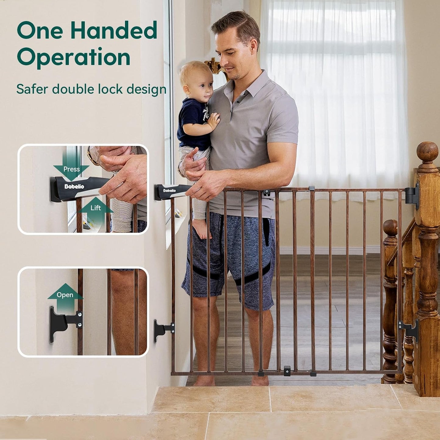 Babelio Baby Gate for Stairs, Kitchen & Doorways, No Bottom Bar| One-Handed Operation| Auto-Close| Hardware Mount (Drill Needed) Safety Dog/Pet Gate (Black - B17, 26-43" W, 28" H)