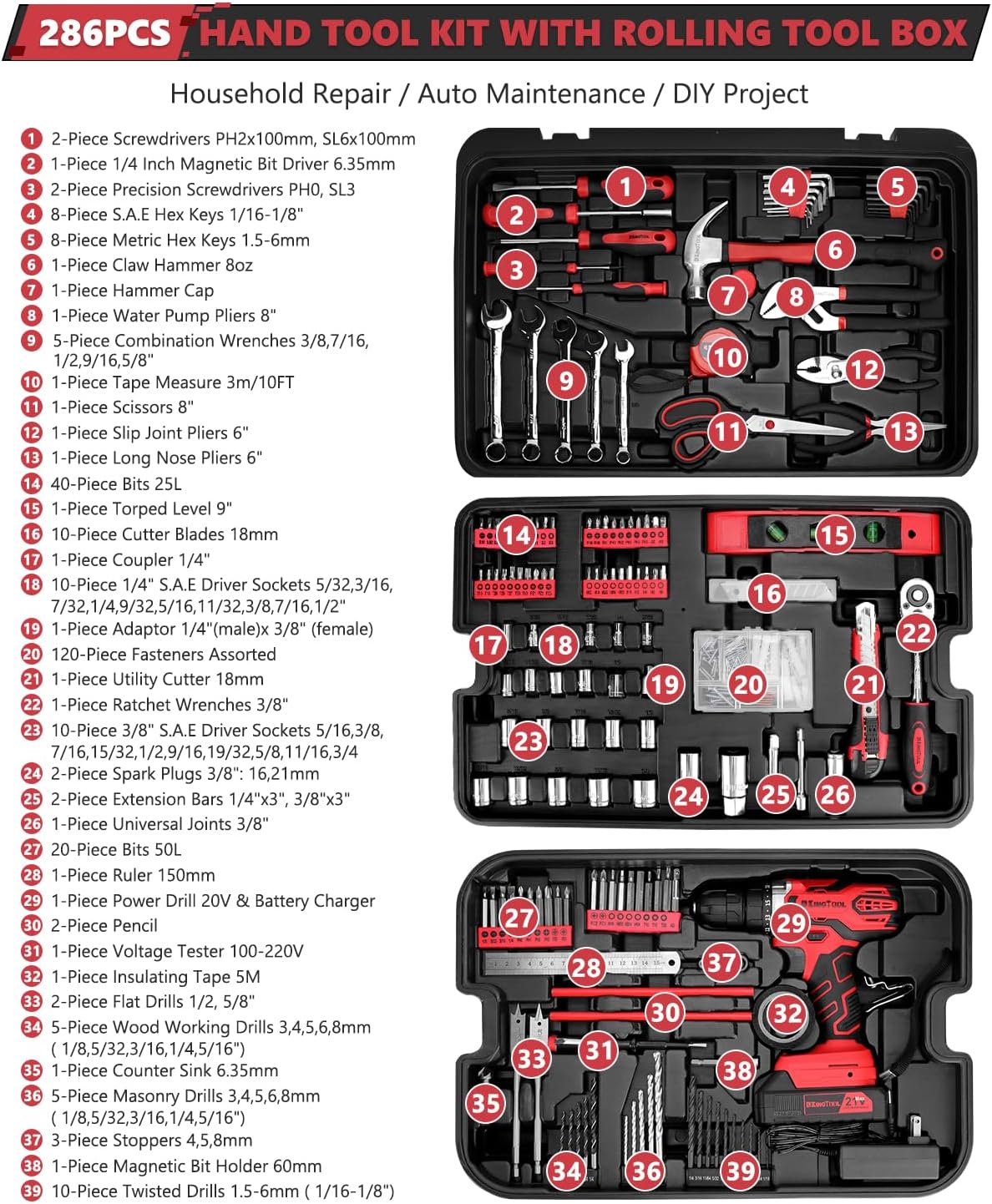 KingTool 325 Piece Home Repair Tool Kit, General Home/Auto Repair Tool Set, Toolbox Storage Case with Drawer, General Household Tool Kit - Perfect for Homeowner, Diyer, Handyman