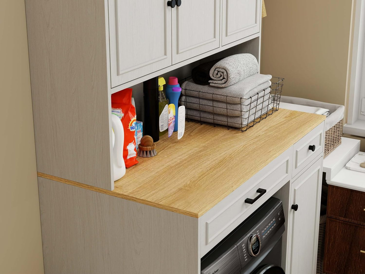 Laundry Room Storage Cabinet with Doors, Washer Dryer Countertop with Shelf & Laundry Basket, Over The Washer and Dryer Storage Shelf Cabinet for Bathroom, Easy Assembly (Large)